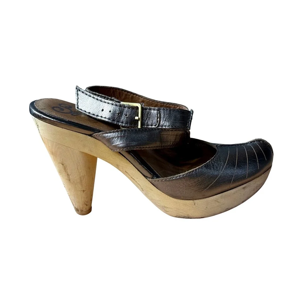 Seychelles Womens Metallic Pewter Leather Wood Platform Cone Heel Sandals Size 8